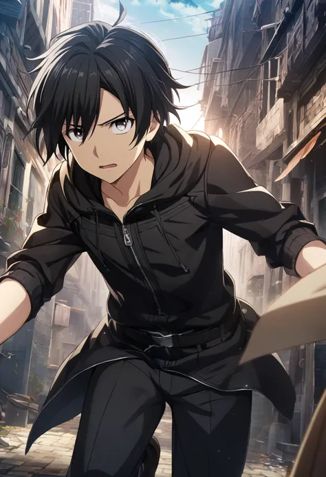 1 boy, black hair, black eyes, white pupil, black clothes, CG