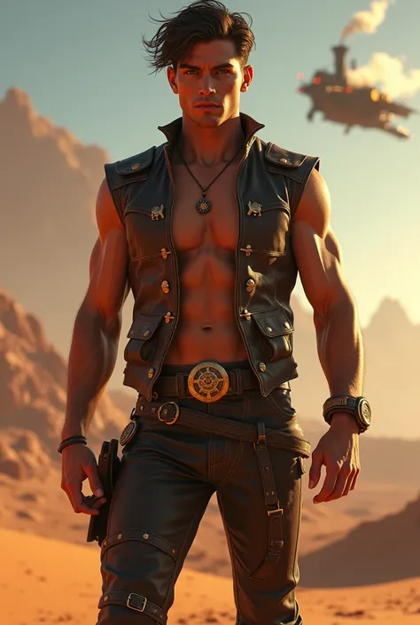 A tall, muscular young man with smooth, alabaster skin stands at the edge of a futuristic steampunk desert, where copper dunes shimmer under the soft glow of mechanical moons. His short hair is windswept, framing his perfectly sculpted face—sharp cheekbone...