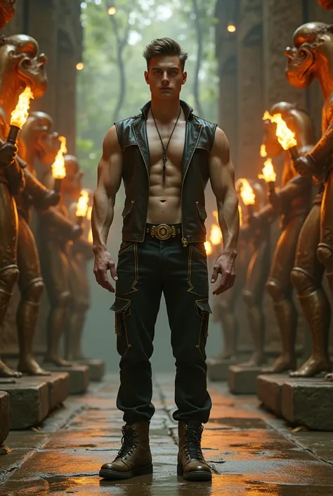 In the heart of a futuristic steampunk jungle temple, a tall, lean young man with a perfectly sculpted body stands amidst glowing copper vines and massive brass statues. His smooth white skin glows under the soft light of steam-powered torches mounted on t...