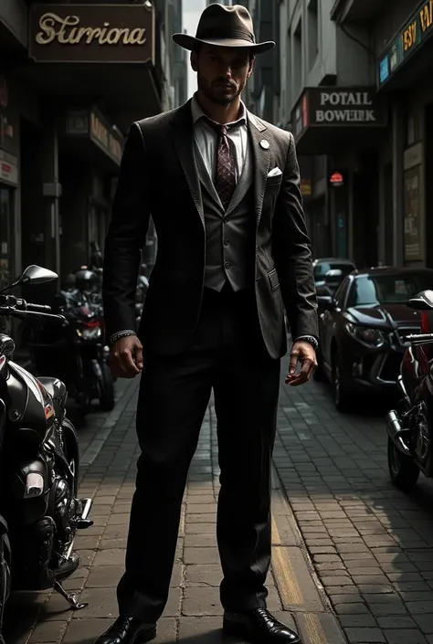 handsome guy shine on the street in a hat stands, clear detailing, strict suit sidewalk, motorcycle,