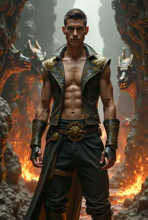 A tall, muscular young man stands in the heart of a fantasy-steampunk dragon’s lair, where massive brass dragon bones and mechanical talons jut out from the ground. His smooth white skin is illuminated by the glow of molten brass rivers running through the...