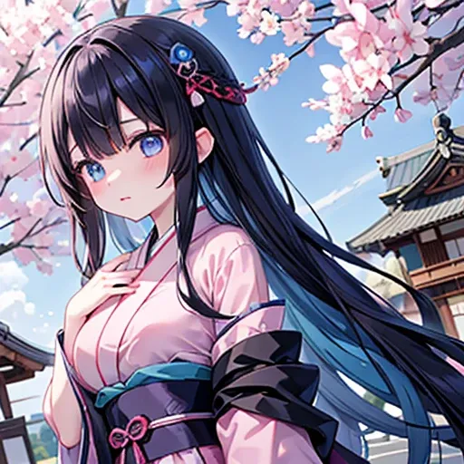 A girl with black long hair hides behind a tree wear pink and blue Kimono anime 18 years old blue eyes shy big breasts. Japanese castle, age 1543 A.D 