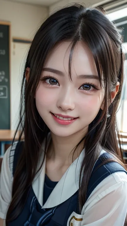 1 girl, Very cute, Great face and eyes, (美しい愛らしいsmile), (Very detailed美しい顔), Glowing lips,  Keep staring at me, so beautiful, (School Uniform:1.3), (Best Quality:1.4), (Very high quality), (Very detailed), (Surreal, Realistic:1.37), Realistic skin texture,...