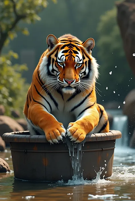 Tiger is washing clothes