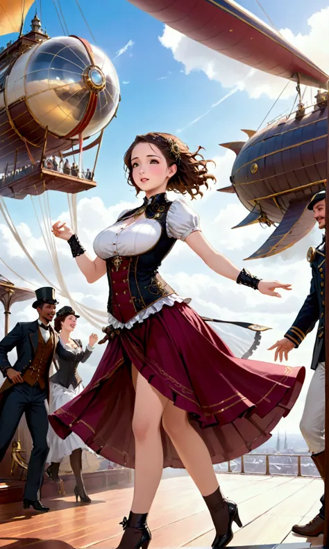 A technologically advanced woman in a steampunk-inspired outfit, engaging in lively and unrestrained dancing on the deck of a passenger airship, enthusiastically pulling other women into her energetic movements, creating a scene of playful yet sometimes un...