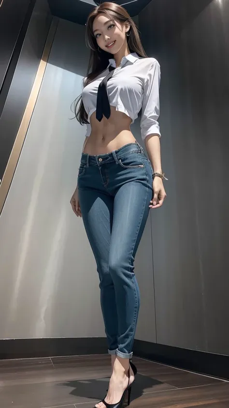 Full Body Photo. Acurate, 1 Nayeon、Brown hair、black eyes、Semi-long、setting hair、Slender but well-proportioned muscular body、a smile、wearing a tie-front shirt、Abs are cracked、The navel is visible、Wearing high heels、wearing very tight sky blue skinny jeans.、...