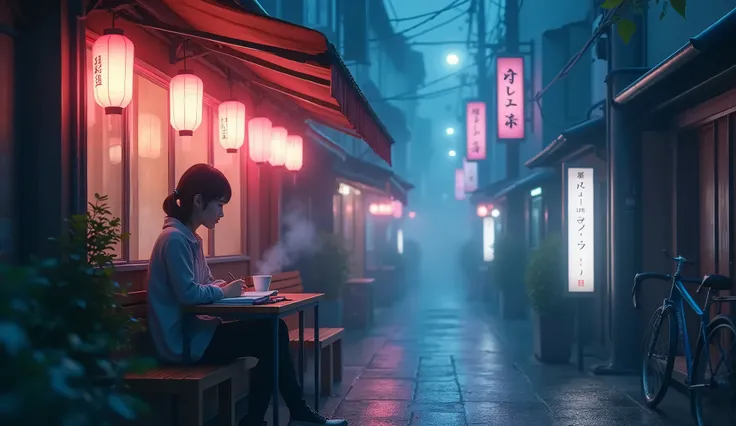 A quiet night on a narrow street in Tokyo, with illuminated paper lanterns hanging between the facades of small restaurants. The air feels fresh, with a light fog that reflects the pink and blue neon lights, creating a soft and ethereal atmosphere. I don&#...