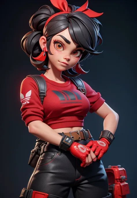 Fortnite style, (masterpiece, best quality), intricate details, 1 girl, solo, bea(3D), black hair with red highlights, red shirt, tied shirt, cargo pants, single glove, knee pads, adidas sneakers, cowboy photo, looking at viewer