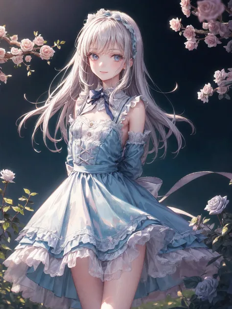 art by Cornflower,(masterpiece),(highly detailed CG,ultra-detailliert,Best Shadow:1.3),(Perfect Anatomy),(beautiful and luxurious:1.2),1 girl,((arms behind back)),(alice in the wonderland),blue ribbon on head,blue clothes,Beautiful and extra detailed face,...