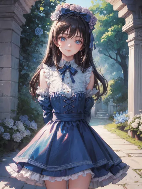 art by Cornflower,(masterpiece),(highly detailed CG,ultra-detailliert,Best Shadow:1.3),(Perfect Anatomy),(beautiful and luxurious:1.2),1 girl,((arms behind back)),(alice in the wonderland),blue ribbon on head,blue clothes,Beautiful and extra detailed face,...