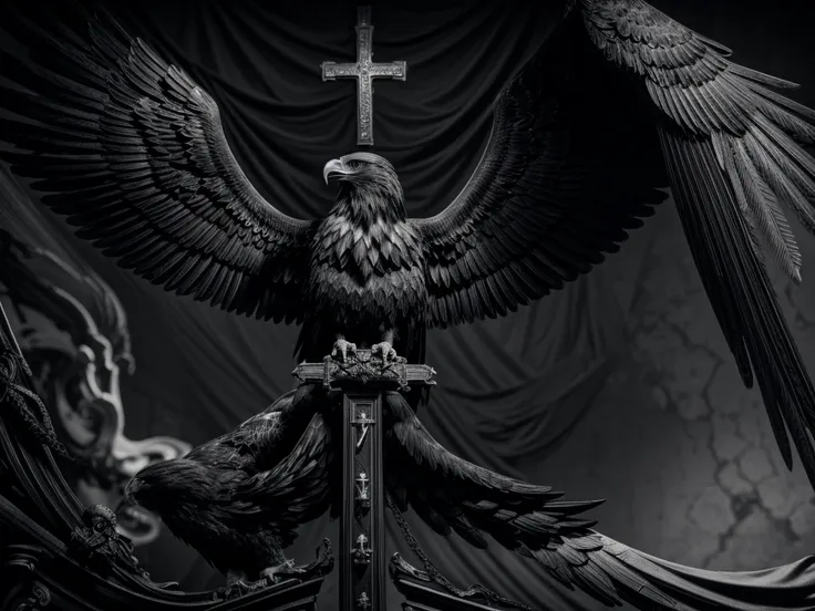 a flag of spain,catholic cross,eagle of saint john,black and white,masculinity,hyper detailed,photorealistic,studio lighting,sha...