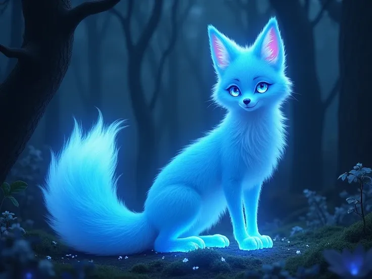 GÉNÉRER UN AMI IMAGINAIRE:  renard bleu avec le bout de la queue blanche, lueur féérique , dans la nuit, pelage fluorescent, dans une foret sombre