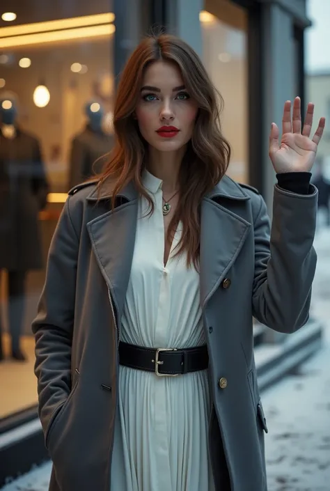 a beautiful confident white Russian woman in her 20s, full body photo shot, detailed blue eyes, beautiful makeup and dark red lips, extremely detailed face and long eyelashes, long brown hair, wearing a small grey formal jacket with a white sleeveless belo...