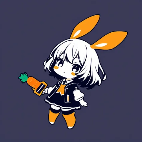 ultra-small deformation, Chibi Cute, 1girl, solo, full body, A rabbit Girl holding a Carrot-shaped pistol, High contrast and vivid color, simple background