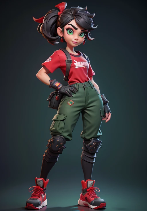 Fortnite style, (masterpiece, best quality), intricate details, 1 girl, solo, (3D), black hair with red highlights, red shirt, tied shirt, green cargo pants, single glove, knee pads, adidas sneakers, emerald eyes, full body, side