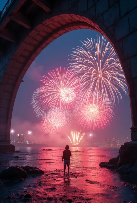 Looking up from under the bridge、The climax of the fireworks festival、A huge amount of fireworks filling the sky:1.5、Colorful and vibrant fireworks:1.5、bridge、Bokeh