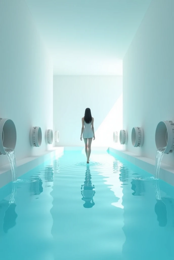 white infinite corridor, with a shallow pool of crystal clear blue water, It has huge side pipe outlets on the walls that drain water into the pool, there is a beautiful 18 year old girl walking on water 