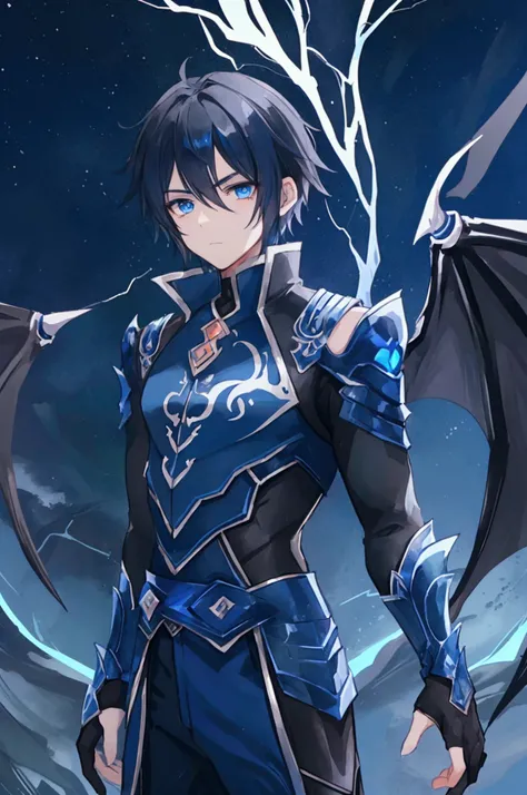 Young male, cute face, dark blue eyes, dragon eyes, dark blue dragon eyes, short black hair, dark blue dragon wings, dark blue dragon wings on back, lightning, blue lightning