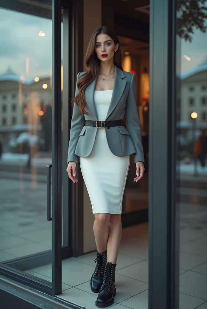 a beautiful confident white Russian woman in her 20s, full body photo shot, detailed blue eyes, beautiful makeup and dark red lips, extremely detailed face and long eyelashes, long brown hair, wearing a small grey formal jacket with a white sleeveless penc...