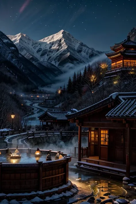 Ancient Chinese Scenery, ((hot spring)), (heavy snow), (Firefly), (paper pipe), (midnight), (lua), mountaintop sanctuary, ((flower)), beautiful landscape, realistic lighting, masterpiece, high quality, beautiful graphics, tall details,