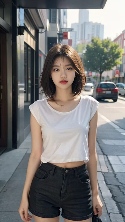 Masterpiece, High quality, 1 beautiful girl, (Beautiful and delicate eyes), ((Fine skin)) , ((Medium hair details )), Beautiful young woman, 170 cm tall. , In brightly colored, hip-hop style clothing and shorts., RAW images, การเรนเดอร์ CG, Blurred scene, ...