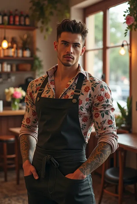 In a floral-steampunk café, where tables are adorned with blooming centerpieces and the air is filled with the aroma of freshly brewed coffee, a tall, muscular young man stands behind the counter, expertly preparing drinks. His smooth white skin glows in t...