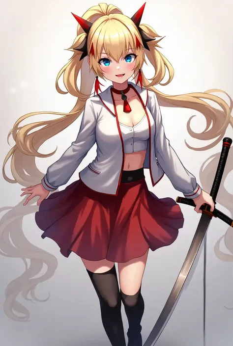 Anime Blonde girl, ponytail,Cabelo comprido, cheerleader, holding down a katana, evil smile, side bangs, multicolored bangs, Bangs with red highlights,  Blue glowing eyes, red skirt, Long blck boots, simple  short white jacket, red choker, Rin muse dash