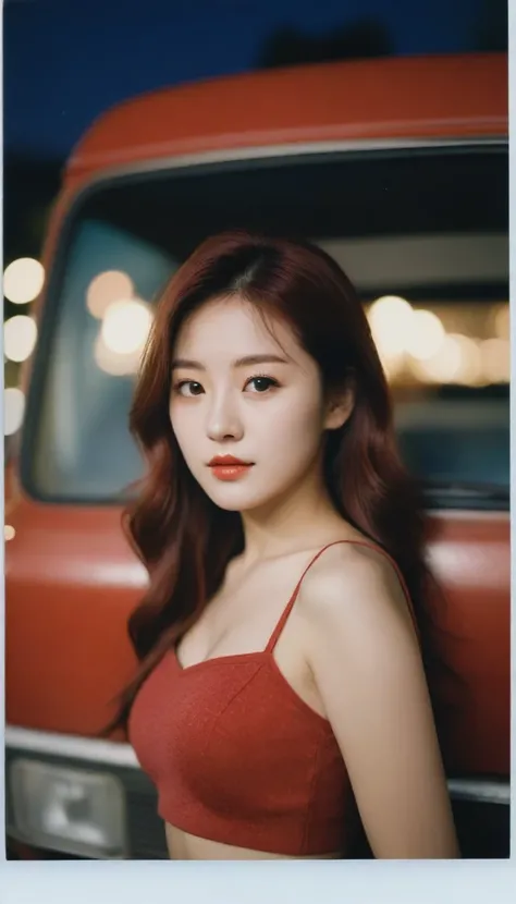 Close-up of a beautiful Korean woman., Chest size 34 inches, Red hair, Wear a red crop top., Leaning against an old van, nighttime, Bokeh background, Polaroid photo, UHD