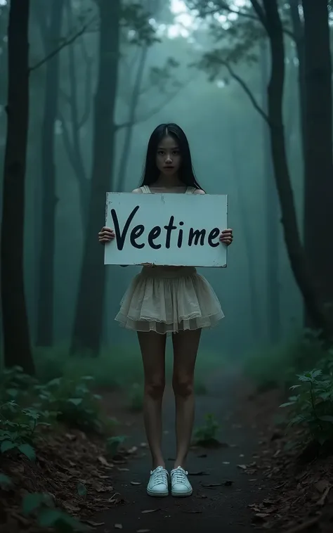 Full-body photo of a Thai model wearing a cute outfit, a short skirt, white shoes, standing holding a white sign with black letters that say VEETIME, telling a scary story, in a deserted deep forest background.