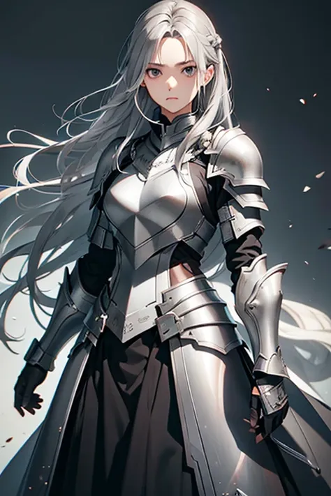 female, gray hair, gray eyes, medium-length hair, armor, 170 cm, a quiet woman, expressionless, chic, tough, attention!