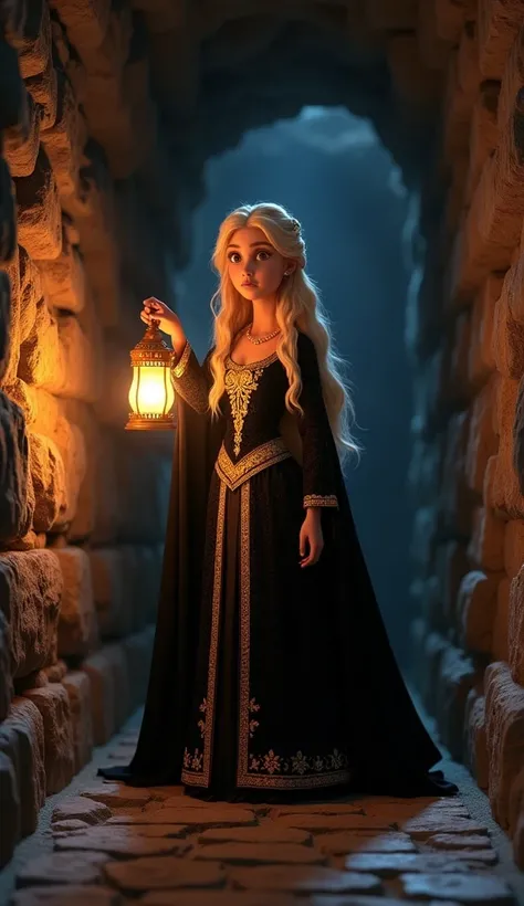 Disney Pixar 3d animated movie cartoon character , pretty woman of age 28, long blonde hair, side braids, wearing ancient black royal gown( golden ambroidary all over the gown ) with a cape, holding a lantern in her hand trying to illuminate the way. she i...