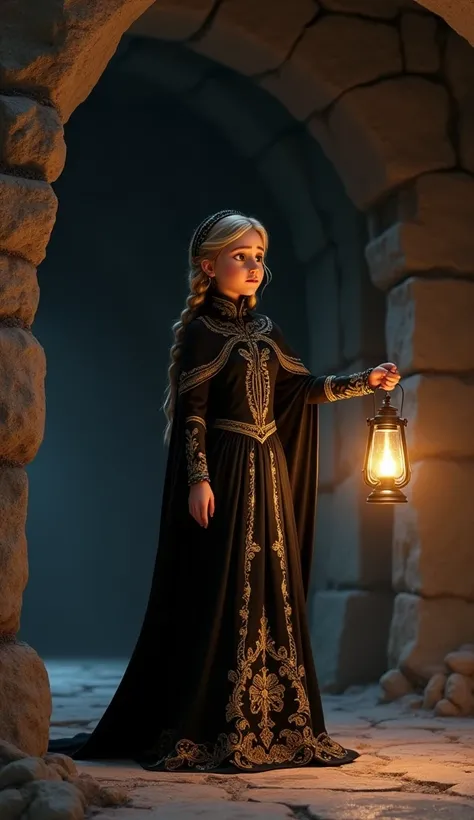 Disney Pixar 3d animated movie cartoon character. Real 3d style. a wide shot of a pretty woman of age 21, long blonde hair, side braids, wearing ancient black royal gown( golden ambroidary all over the gown ) with a cape covering her head, holding a lanter...