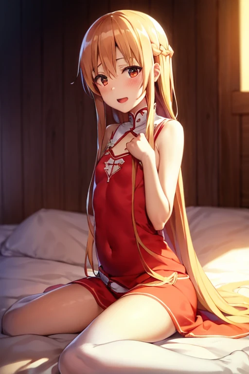 ((Best Quality)), ((masterpiece)), (be familiar with), Perfect Face, indoor, bedroom, Watching the audience,
One woman, Yuuki Asuna,
Open Mouth, Ecstatic expression, blush, smile,
Small breasts, Flat Chest, , , child, Girl,
Long Hair, Long Hair,
Leg spread...