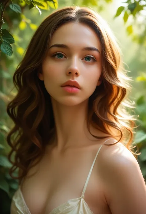 a beautiful girl, incredibly detailed, stunning eyes, full lips, flawless skin, flowing hair, elegant pose, sensual expression, alluring, in a lush garden, sunlight filtering through trees, vibrant colors, photorealistic, 8k, ultra-detailed, masterpiece, d...