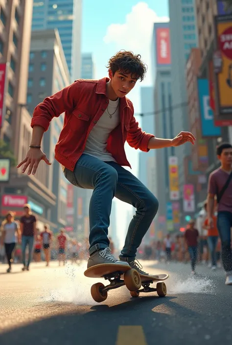 Create a man skateboarding on a busy street