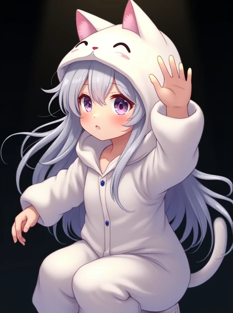 female child, fly away, light purple eyes, long silver hair, small, with kitty pajamas with hood and ears, light skin