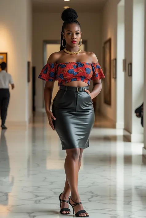 A curvaceous Black woman wearing a fitted, off-shoulder Ankara-print crop top in vibrant red and blue, paired with a high-waisted leather pencil skirt and black strappy sandals. She’s accessorized with a gold choker and oversized hoop earrings. Her hair is...