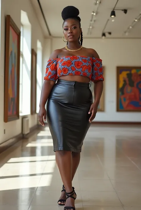 A curvaceous Black woman wearing a fitted, off-shoulder Ankara-print crop top in vibrant red and blue, paired with a high-waisted leather pencil skirt and black strappy sandals. She’s accessorized with a gold choker and oversized hoop earrings. Her hair is...