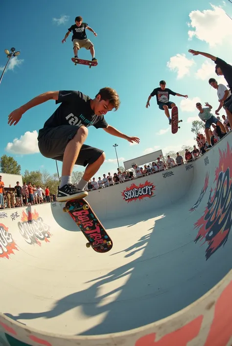 Create a skateboarding competition with several competitors on a skate park