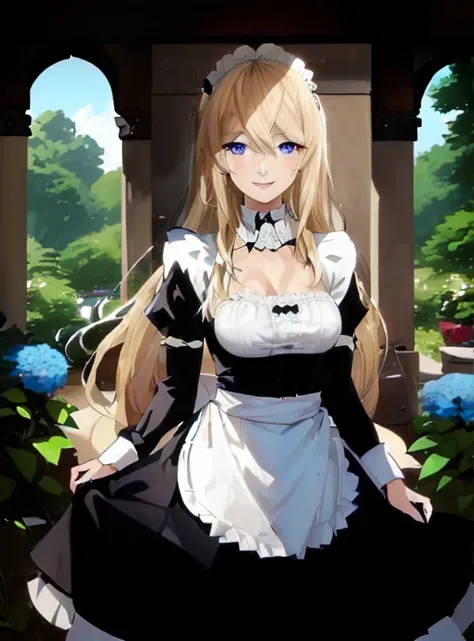 1 female, blonde Hair, Long Hair, Bright blue eyes, black and white victorian maid uniform, beauty, mature, thin, quiet ,Calm, smile ,A kind smile, upto waist, observatory, medium breasts