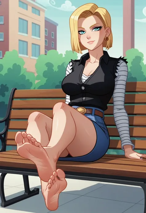 source_animé, puntaje_9, puntaje_8_arriba, puntaje_7_arriba, animé screencap,8k, absurdo res, Android 18, 1 girl, solo, blonde hair, long sleeves, barefoot, soles, feet, toes, feet focus, sitting on bench, floor, building, outdoors, big breasts, wide hips,...