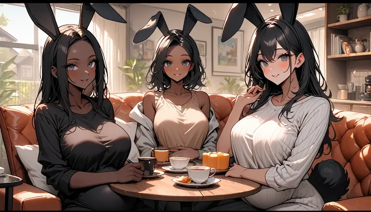 3 black skinned females, huge floppy black rabbit ears, black rabbit ears:1.3, huge black rabbit tail, very dark skin:1.3, dark skin:1.3, black hair, large breasts, huge breasts, curvaceous, thick thighs:0.4, smiling, various haircuts, black eyes, large ho...