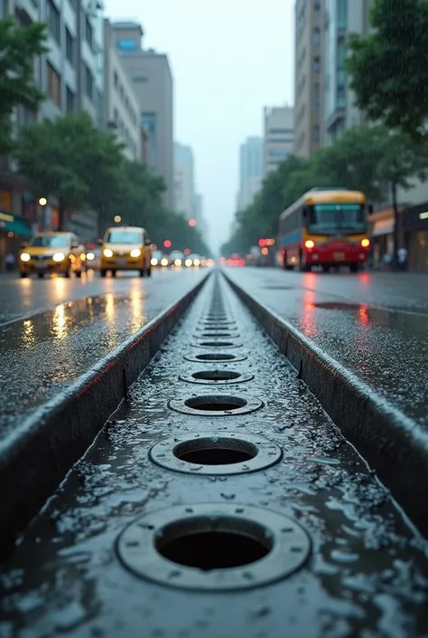 Create a picture depicting tightly concealed  small  rain water collecting  pits with pores to allow rain water  under city road surfaces spread over at every 1 km  with vehicles moving  above them in a typical heavy  monsoon season