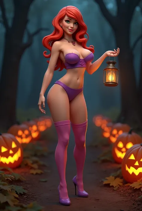 Prompt: Daphne Blake from the classic 69 Scooby-Doo cartoon, her body is shapely and her silhouette is very hot and sexy looking, athletic, muscular, she is in a dark forest with evil pumpkins illuminating the pathway full of automnal leaves, she is wearin...