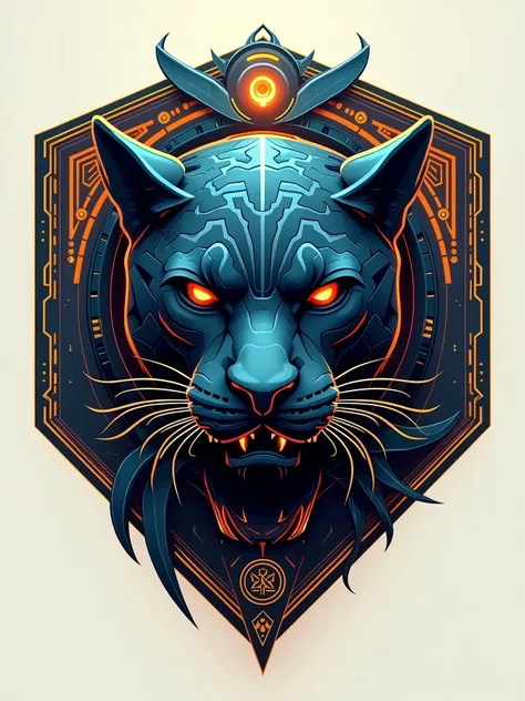 futuristic logo jaguar head with ancient signs representing power and dominant