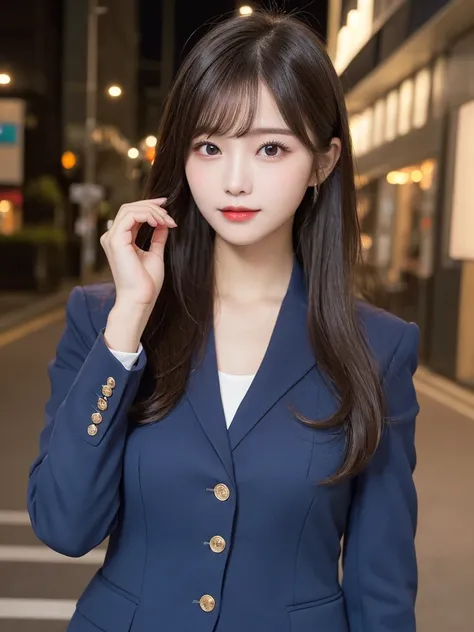 Whole body:1.9, Highest quality, shape, Very detailed, finely, High resolution, 8k wallpaper, perfect dynamic shape, Beautiful and beautiful eyes, The costume is a navy blue blazer:1.9,　Straight hair,Small breasts、Natural Color Lip, Bold sexy pose,smile、20...