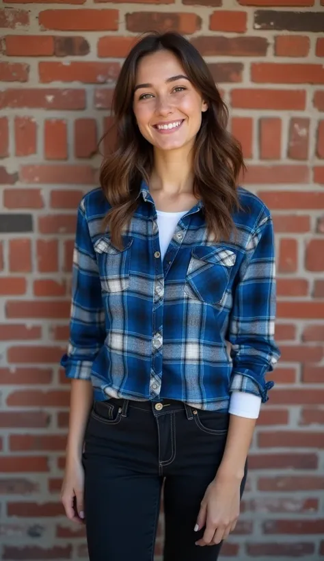 smiling woman with brown hair and blue flannel shirt and black jeans standing in front of a brick wall, this person does not exist, in her 20s, short, cute, plucky, tomboy facial features, average looks, dressed casually, entire body visible, full body, hy...