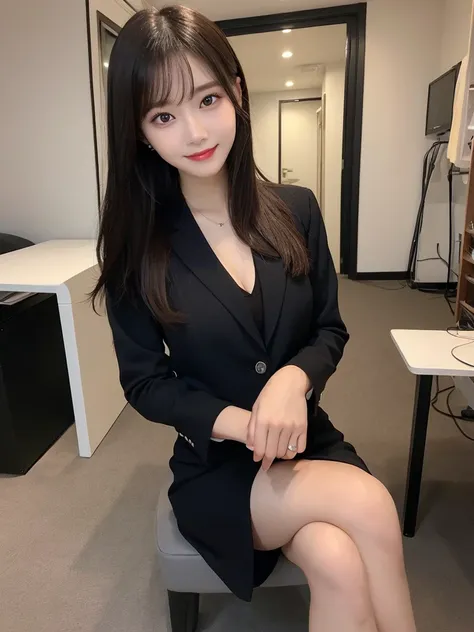 Whole body:1.9, Highest quality, shape, Very detailed, finely, High resolution, 8k wallpaper, perfect dynamic shape, Beautiful and beautiful eyes, Dress code: business suit:1.9,　Straight hair,Small breasts、Natural Color Lip, Bold sexy pose,smile、20-year-ol...