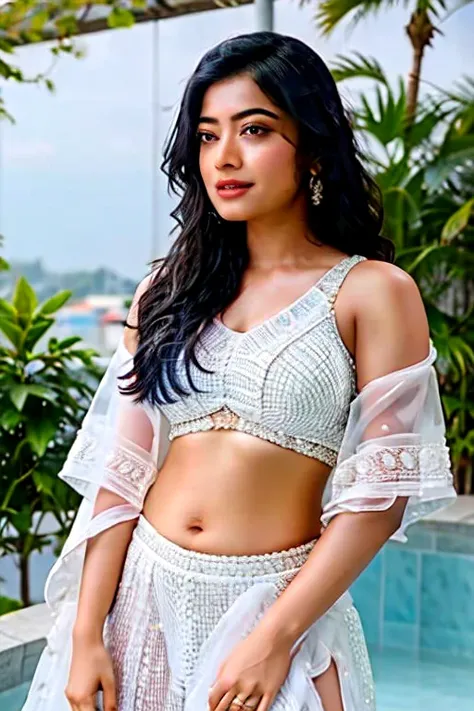 Beautiful Indian actress, Rashmika mandhana, wearing a transparent two piece bikini, taking a shower, posing on terrace, raining 