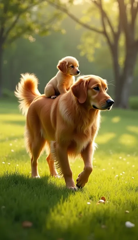 Golden dog walking on a lawn and on its back a Golden puppy lying down 